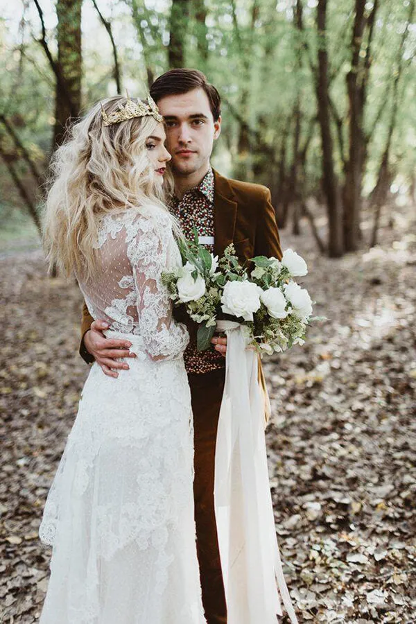 White Tulle Lace Long Sleeves Beach Wedding Dresses, Bridal Gowns, SW405
