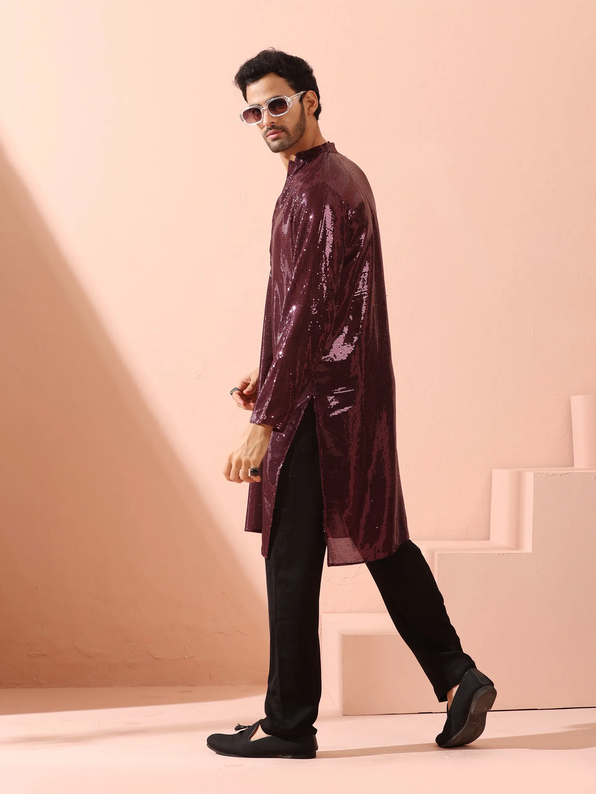 Wine Sequin Kurta with Hidden Placket