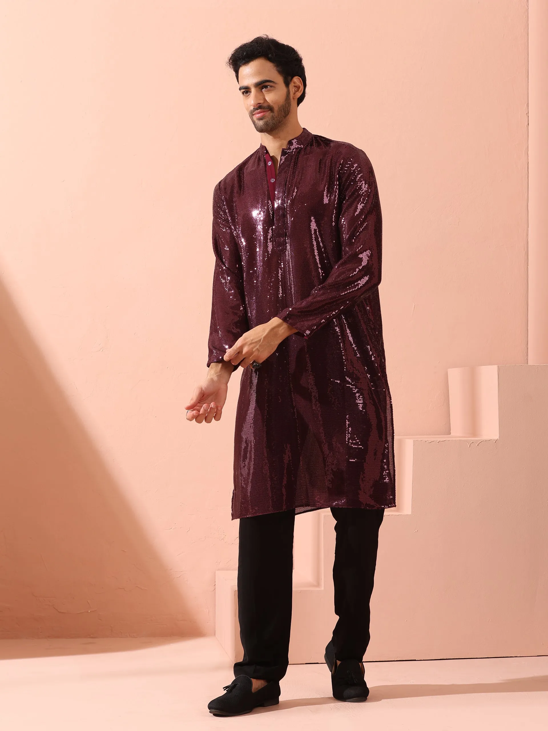 Wine Sequin Kurta with Hidden Placket