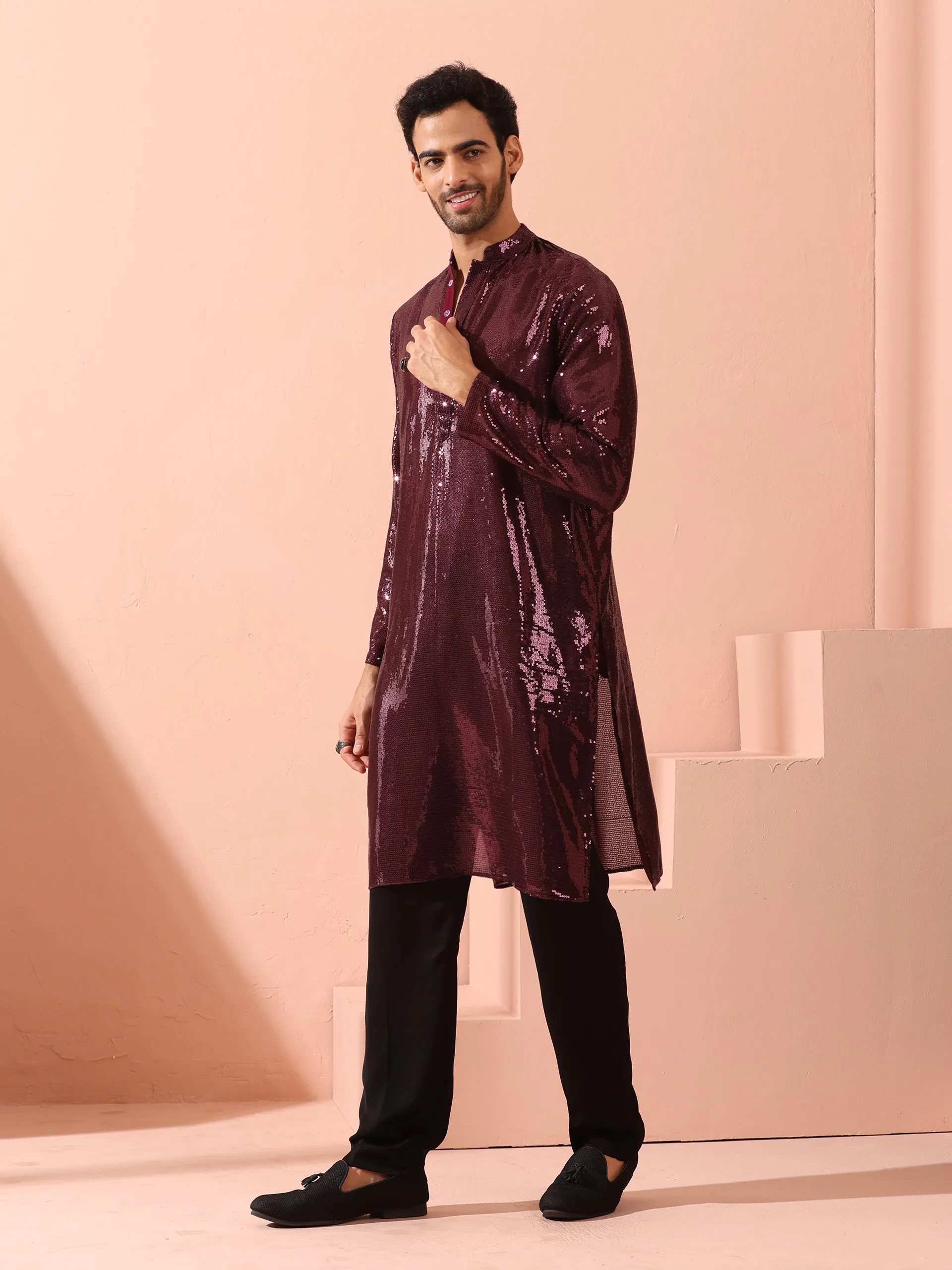 Wine Sequin Kurta with Hidden Placket