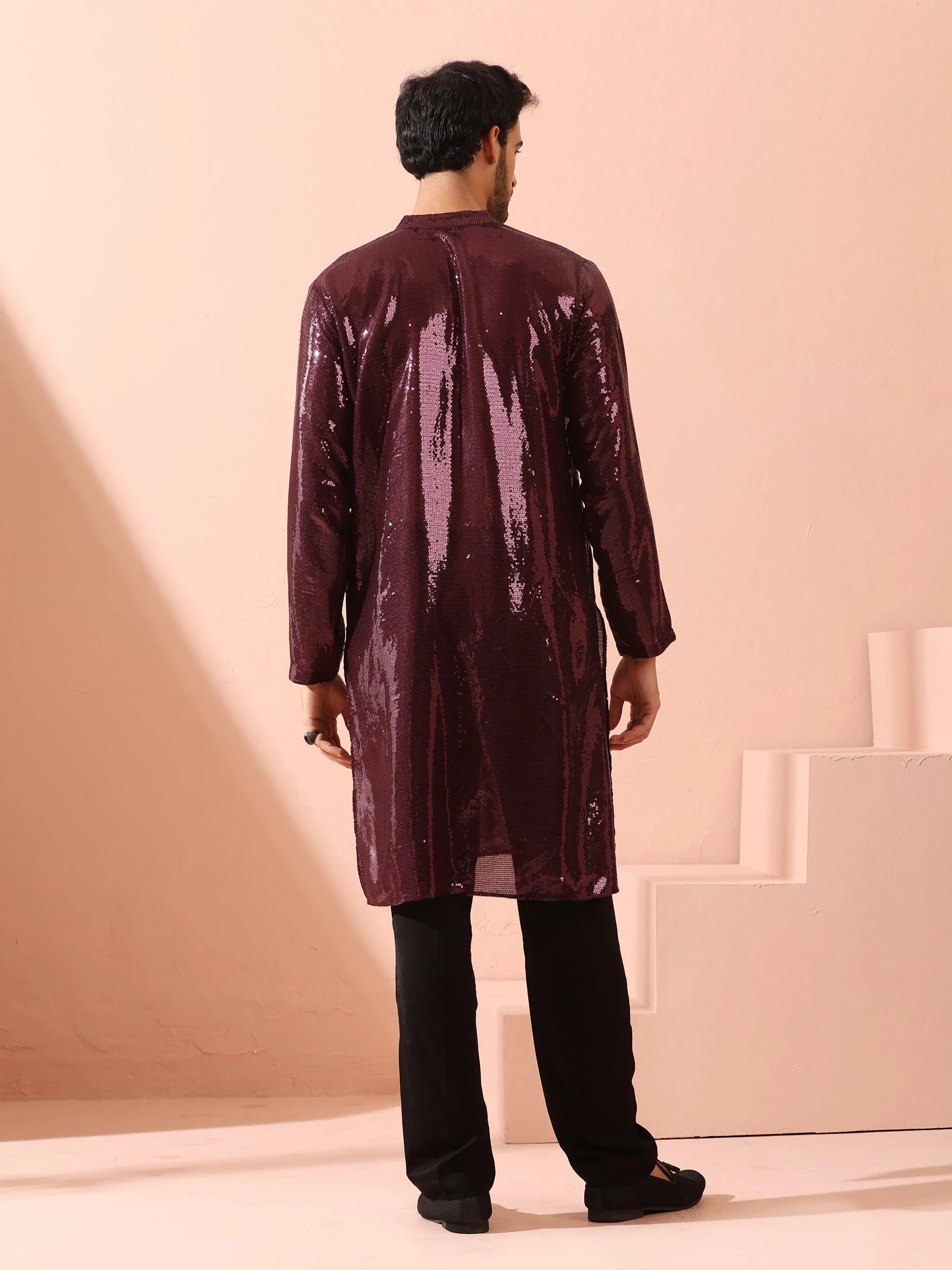 Wine Sequin Kurta with Hidden Placket