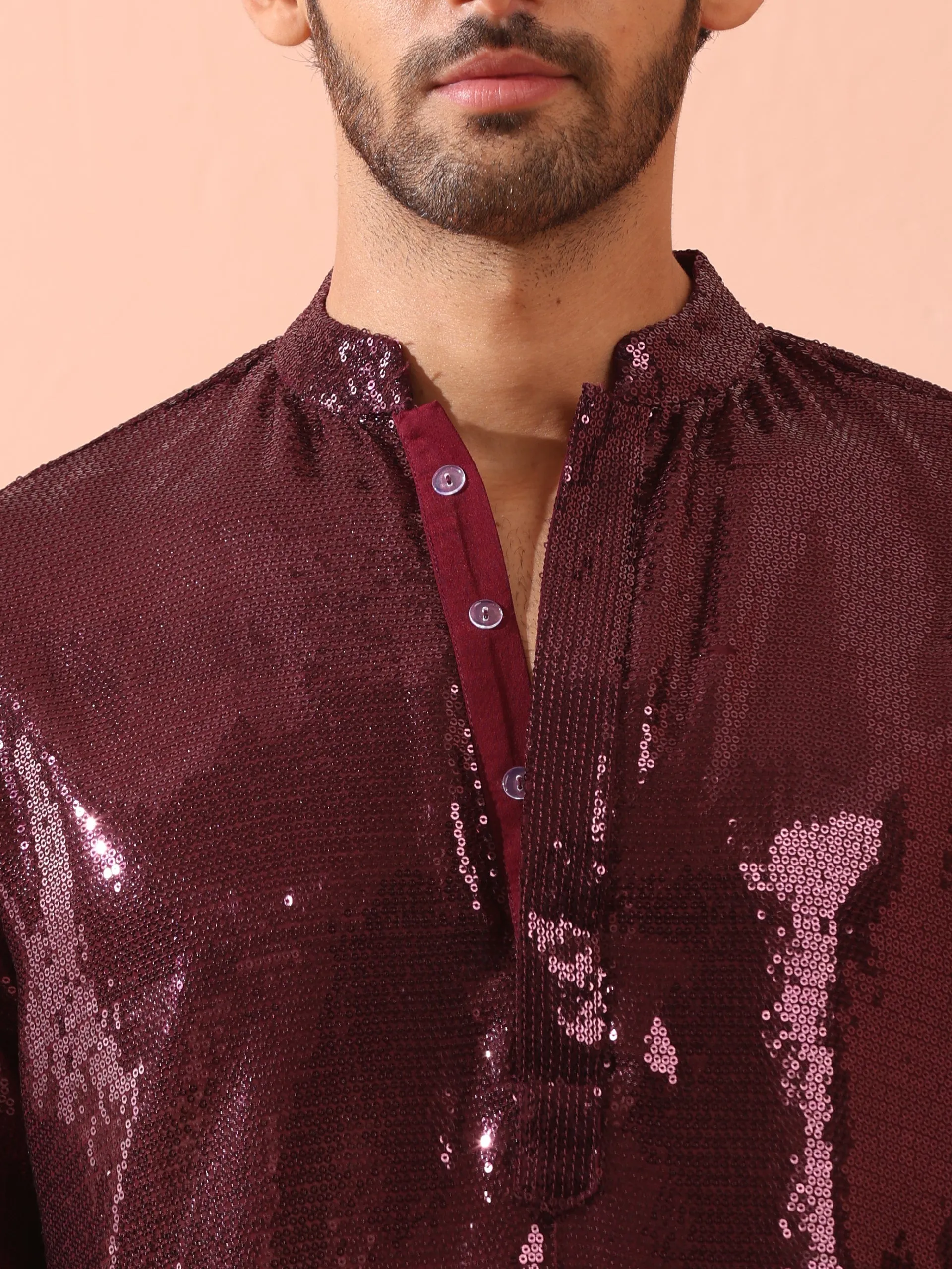 Wine Sequin Kurta with Hidden Placket