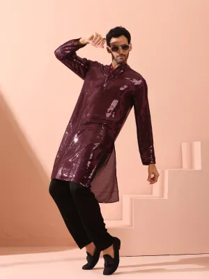 Wine Sequin Kurta with Hidden Placket
