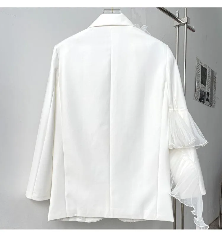 Women Blazer Asymmetry Ruffle Patchwork White Long Blazers And Jackets irregular Vintage Casual Suit Coats New