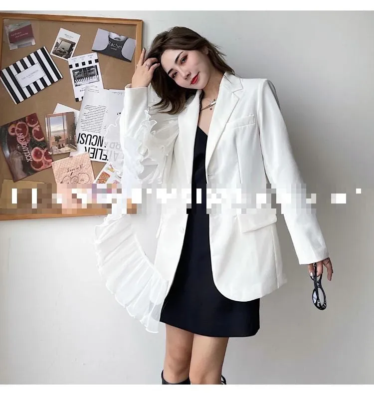 Women Blazer Asymmetry Ruffle Patchwork White Long Blazers And Jackets irregular Vintage Casual Suit Coats New