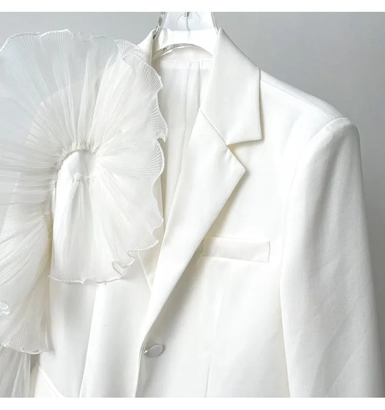 Women Blazer Asymmetry Ruffle Patchwork White Long Blazers And Jackets irregular Vintage Casual Suit Coats New