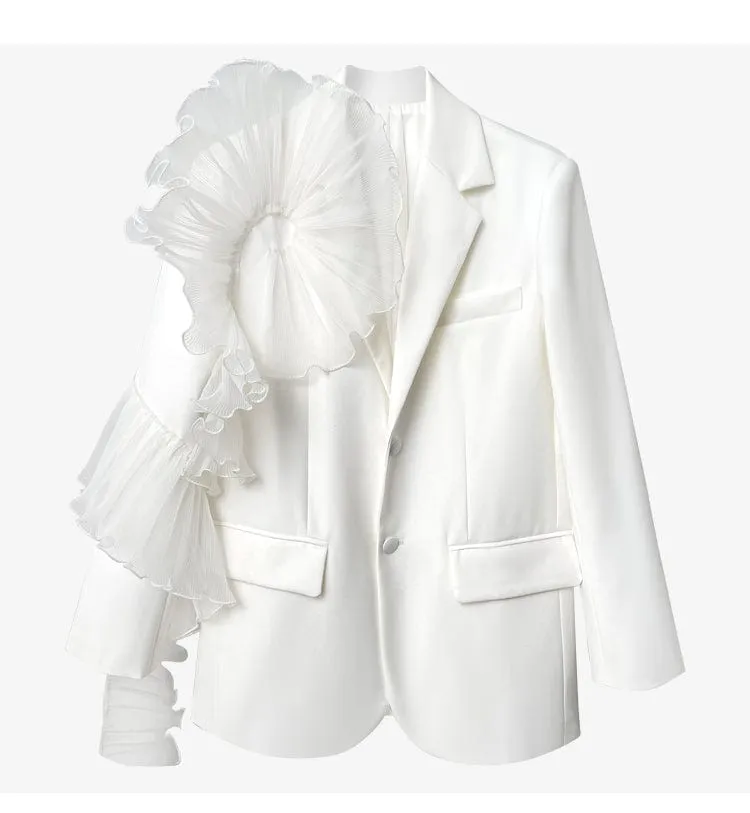 Women Blazer Asymmetry Ruffle Patchwork White Long Blazers And Jackets irregular Vintage Casual Suit Coats New