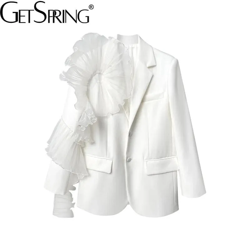Women Blazer Asymmetry Ruffle Patchwork White Long Blazers And Jackets irregular Vintage Casual Suit Coats New