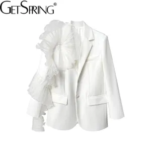 Women Blazer Asymmetry Ruffle Patchwork White Long Blazers And Jackets irregular Vintage Casual Suit Coats New