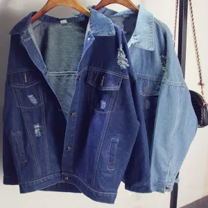 Women Jacket Coats Hole Denim Jackets Loose Bat Sleeve