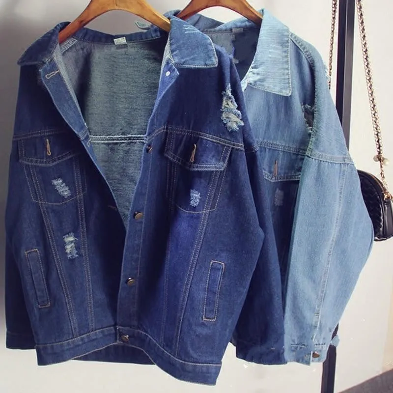 Women Jacket Coats Hole Denim Jackets Loose Bat Sleeve
