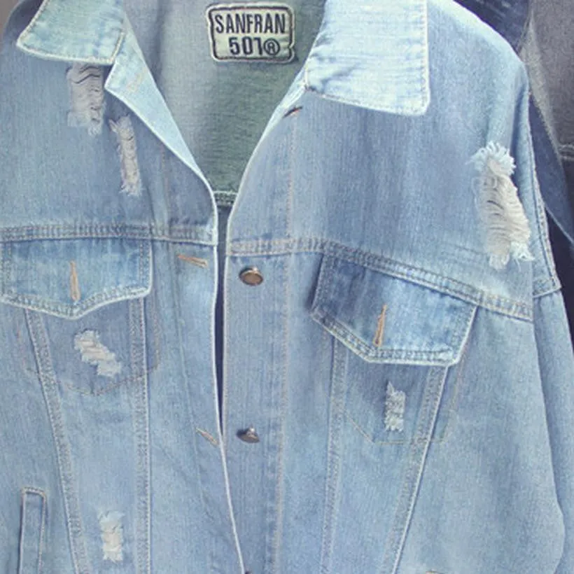 Women Jacket Coats Hole Denim Jackets Loose Bat Sleeve