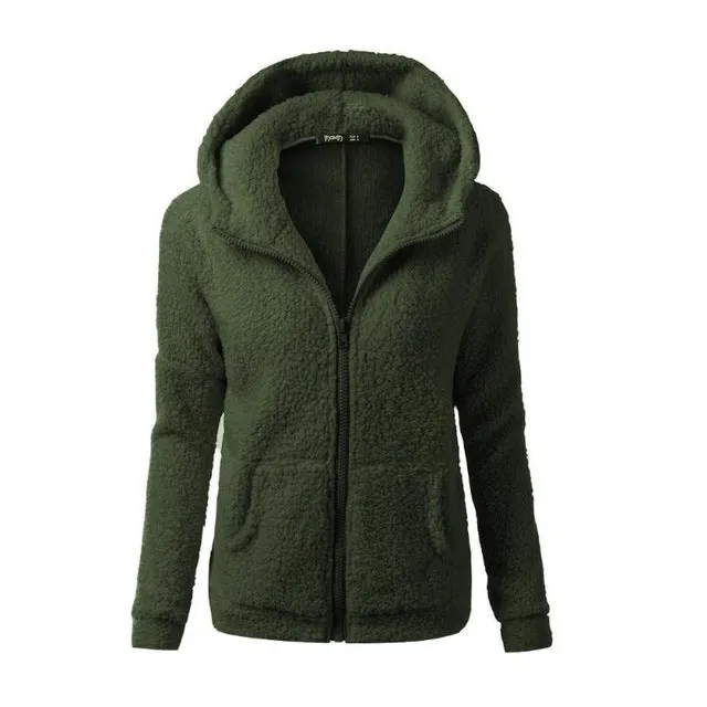 Women Solid Coloor Coat Thicken Soft Fleece Winter Autumn Warm Jacket Hooded Zipper Overcoat Female Fashion Casual Outwear