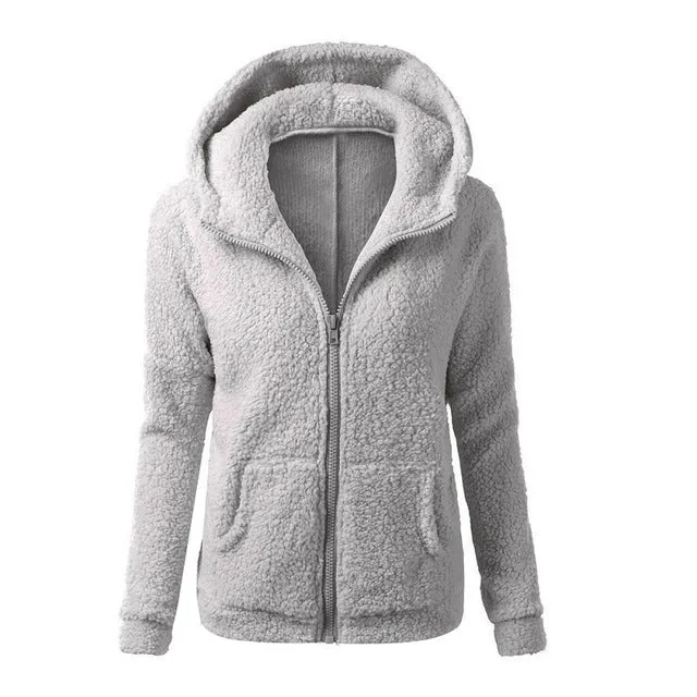 Women Solid Coloor Coat Thicken Soft Fleece Winter Autumn Warm Jacket Hooded Zipper Overcoat Female Fashion Casual Outwear