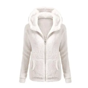 Women Solid Coloor Coat Thicken Soft Fleece Winter Autumn Warm Jacket Hooded Zipper Overcoat Female Fashion Casual Outwear