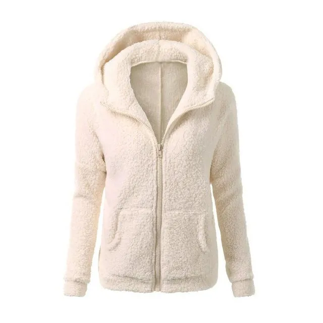 Women Solid Coloor Coat Thicken Soft Fleece Winter Autumn Warm Jacket Hooded Zipper Overcoat Female Fashion Casual Outwear
