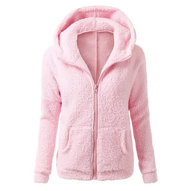 Women Solid Coloor Coat Thicken Soft Fleece Winter Autumn Warm Jacket Hooded Zipper Overcoat Female Fashion Casual Outwear