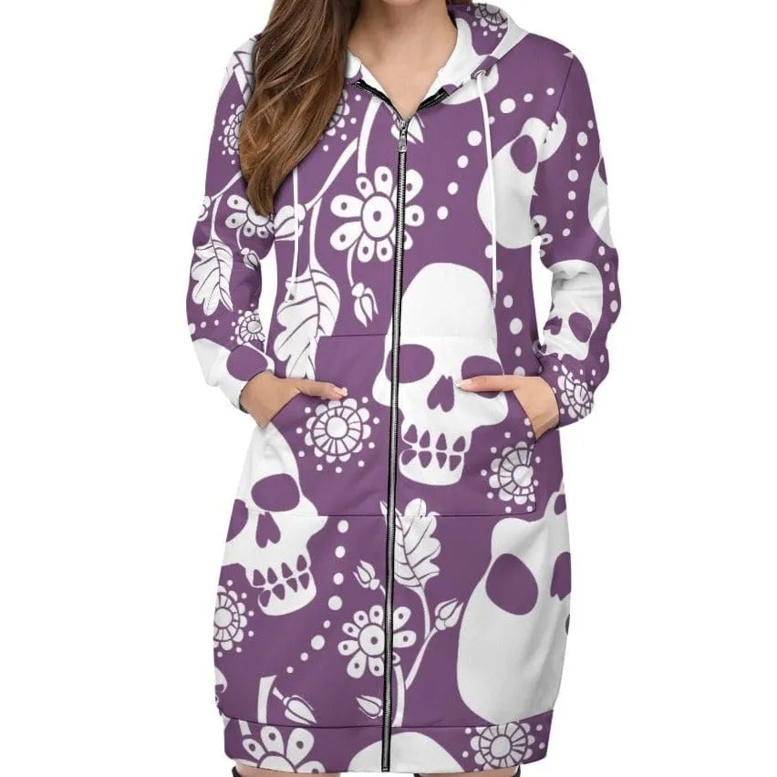 Women's Purple White Skulls Full Print Long Hoodie