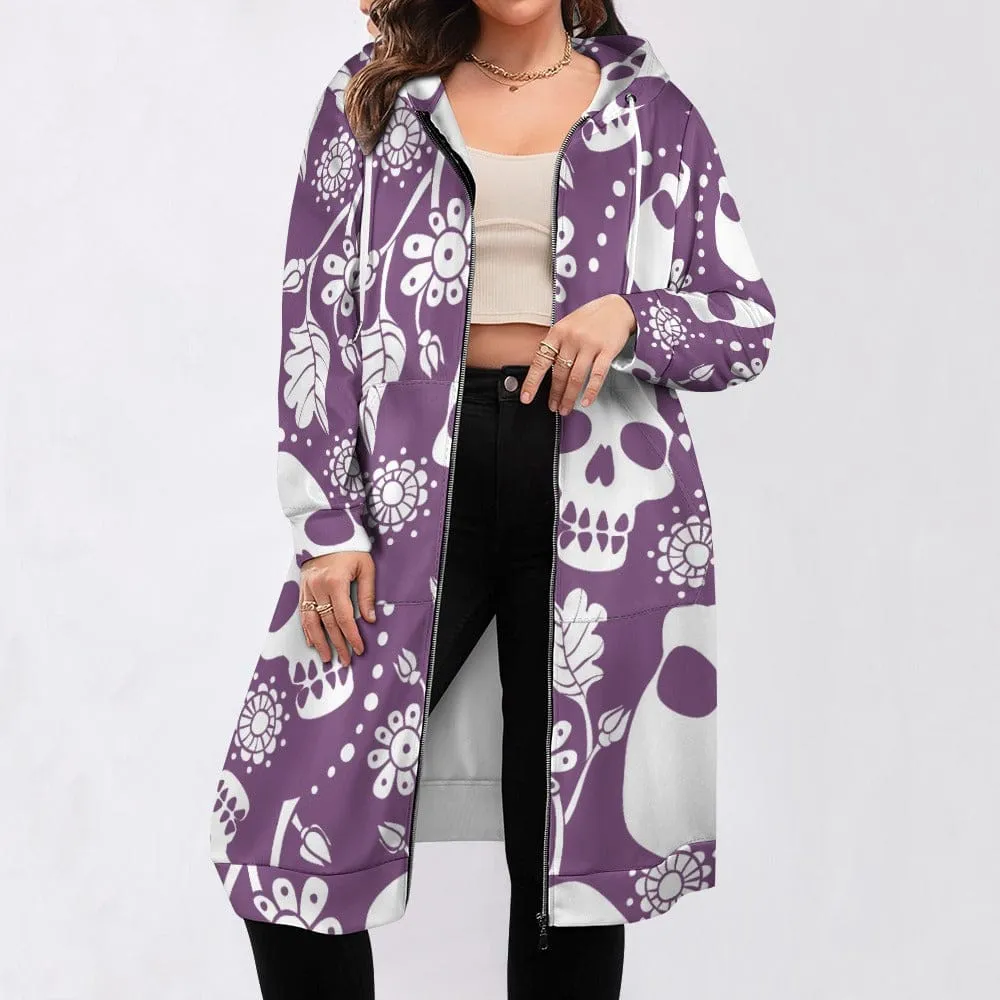 Women's Purple White Skulls Full Print Long Hoodie
