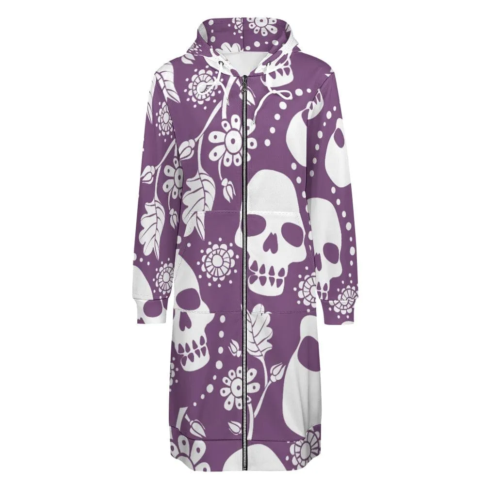 Women's Purple White Skulls Full Print Long Hoodie