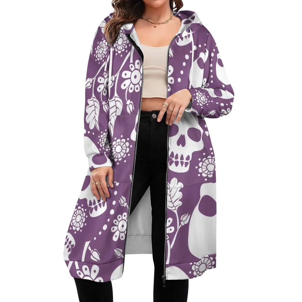 Women's Purple White Skulls Full Print Long Hoodie