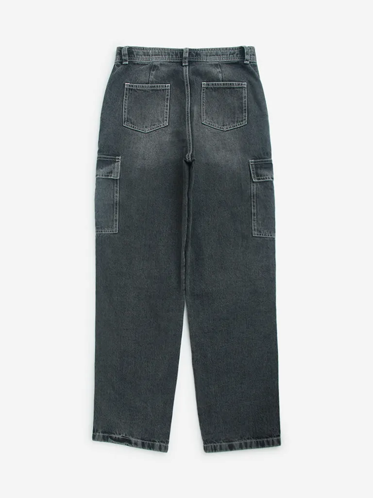 Y&F Kids Grey Washed Straight - Fit High - Rise Jeans