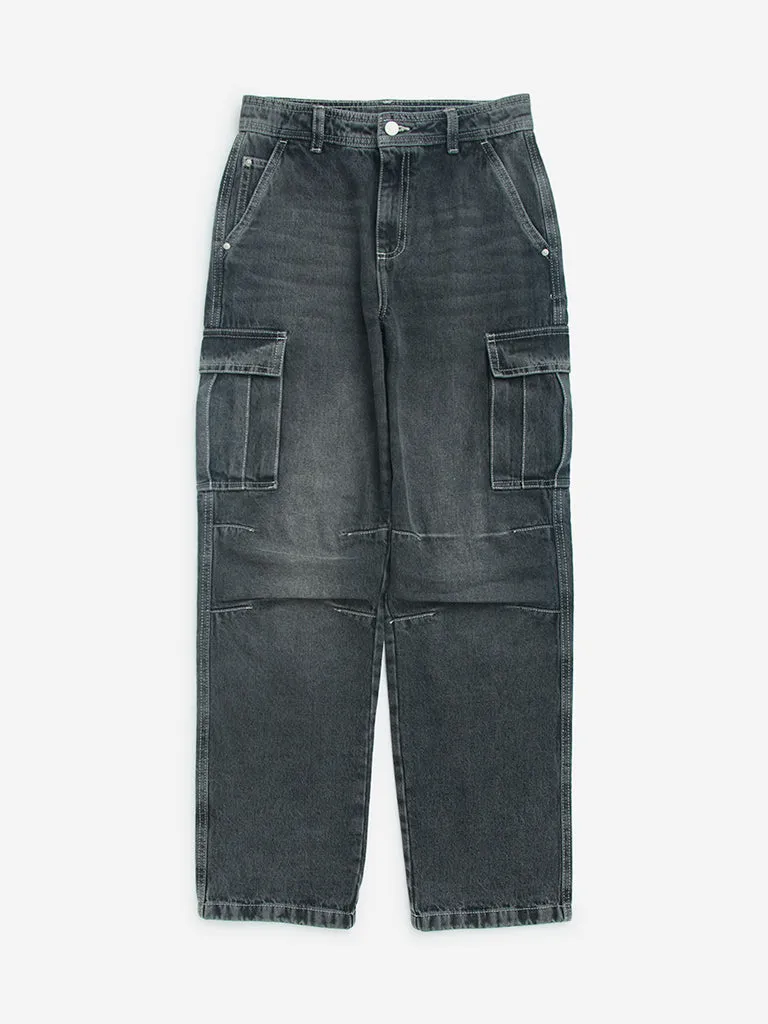 Y&F Kids Grey Washed Straight - Fit High - Rise Jeans