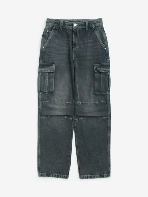 Y&F Kids Grey Washed Straight - Fit High - Rise Jeans